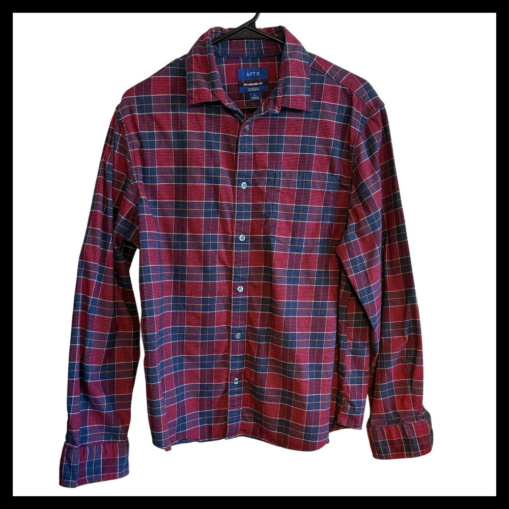 APT 9 Mens Long Sleeve Plaid Standard Fit Button Down Shirt Red Blue L
